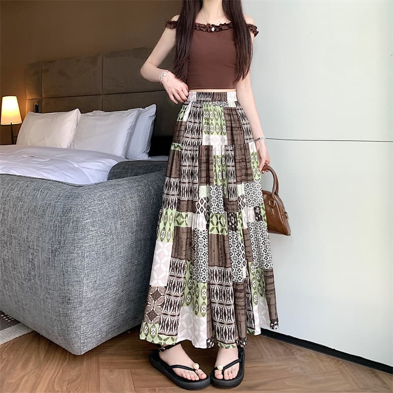 모델 실사 여름 통기성 차가운 라미 프린트 한 마디 반신 롱 스커트 다용도 슬림해 보이는 디스플레이 높음 반신 스커트 상세 이미지 6