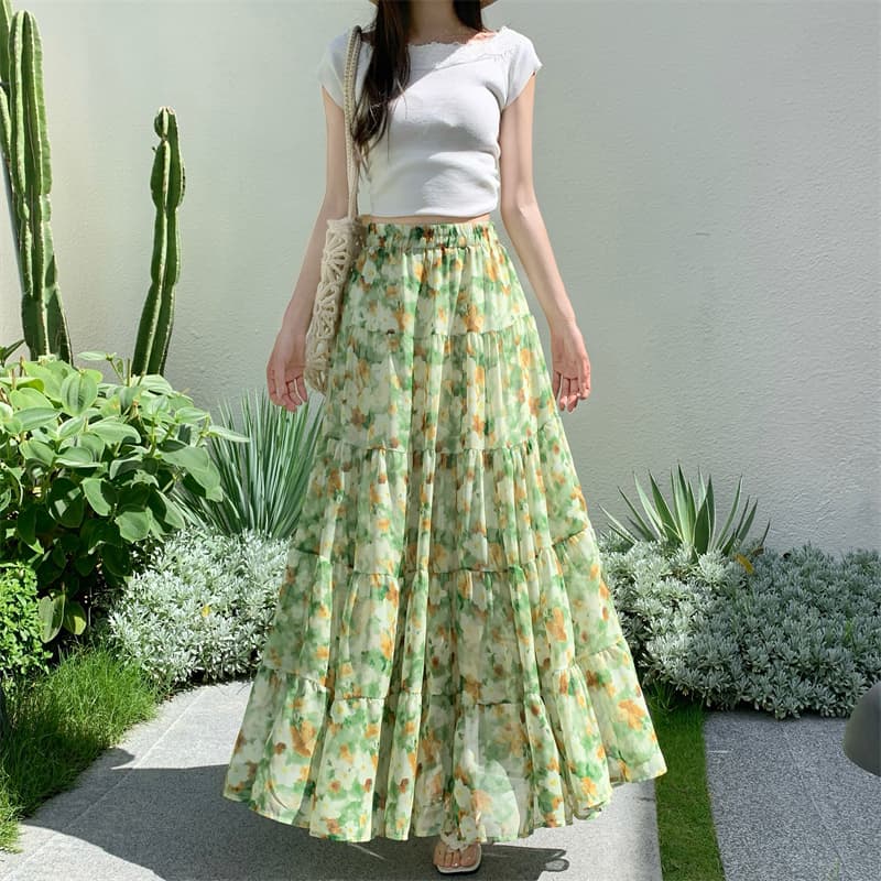 모델 실사 휴가 여행 바람 꽃무늬 쉬폰 빅 플레어 스커트 달콤함 다중 레이어 패치워크 A라인 스커트 반신 스커트 상세 이미지 3