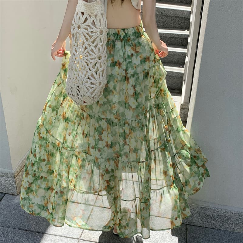 모델 실사 휴가 여행 바람 꽃무늬 쉬폰 빅 플레어 스커트 달콤함 다중 레이어 패치워크 A라인 스커트 반신 스커트 상세 이미지 7