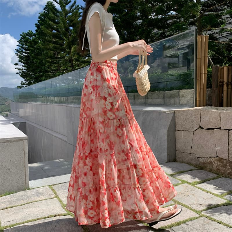 모델 실사 휴가 여행 바람 꽃무늬 쉬폰 빅 플레어 스커트 달콤함 다중 레이어 패치워크 A라인 스커트 반신 스커트 상세 이미지 11