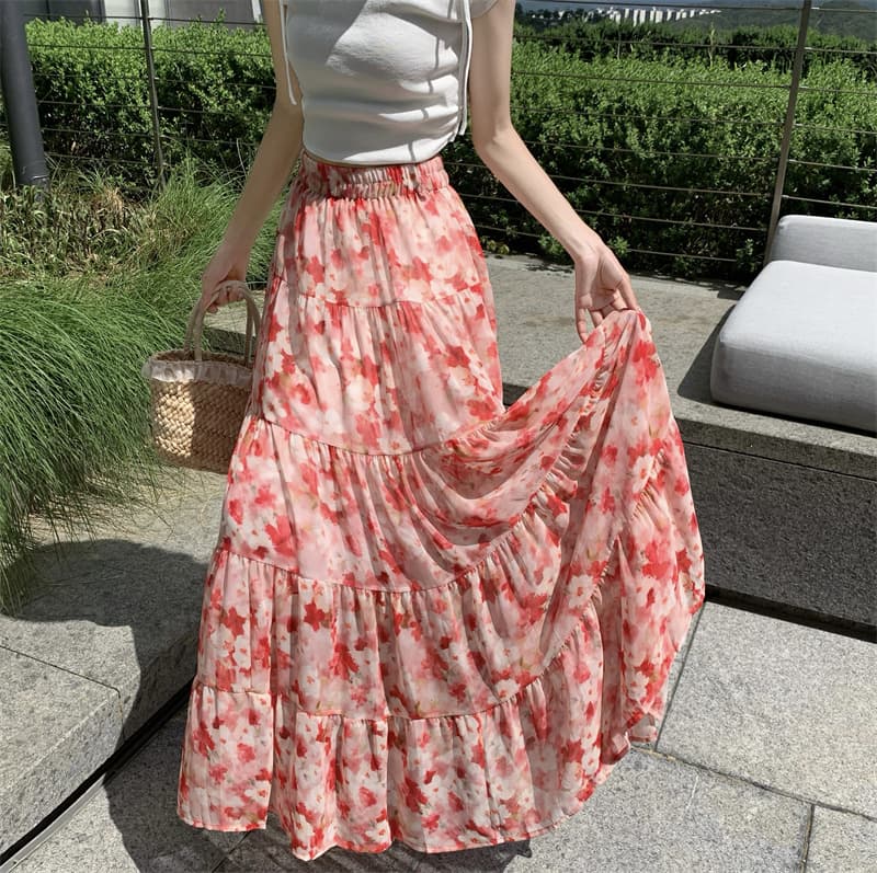 모델 실사 휴가 여행 바람 꽃무늬 쉬폰 빅 플레어 스커트 달콤함 다중 레이어 패치워크 A라인 스커트 반신 스커트 상세 이미지 16