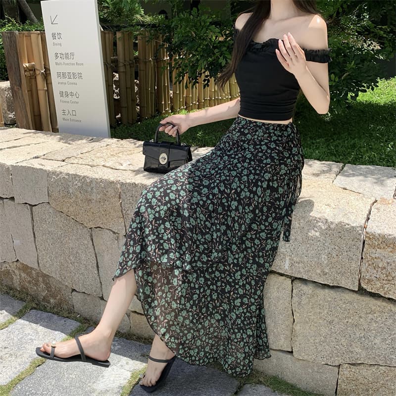모델 실사 휴가 여행 꽃무늬 쉬폰 반신 스커트 하나 슬라이스 앞치마 차가운 타이트 스커트 해변 드레스 상세 이미지 4