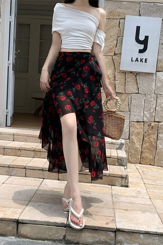 모델 실사 여름 우아한 쉬폰 꽃무늬 반신 스커트 하나 슬라이스 프릴 해변 타이트 스커트 앞치마 이미지 7