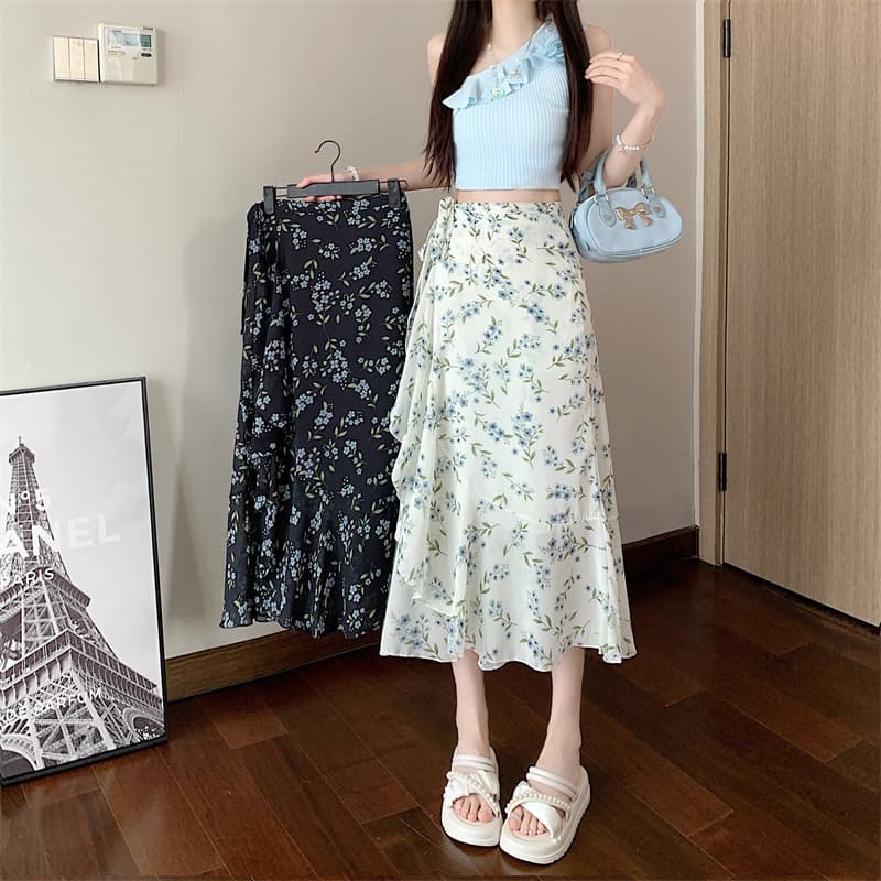 모델 실사 여름 쉬폰 꽃무늬 반신 스커트 하나 슬라이스 프릴 타이트 스커트 해변 드레스 휴가 앞치마 상세 이미지 1