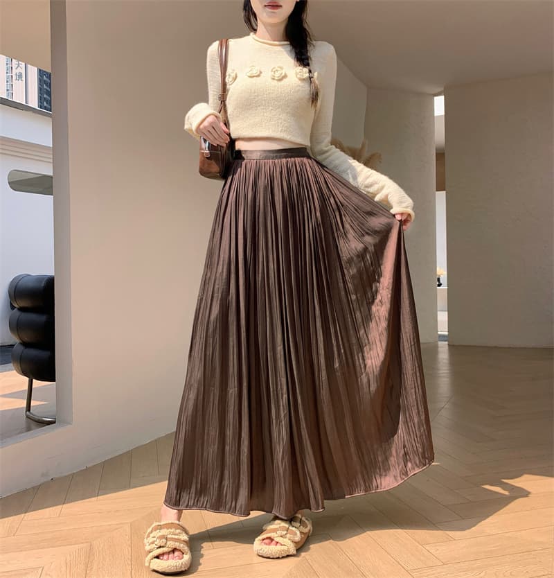 모델 실사 가을 섹션 요정 바람 단색 A라인 스커트 주름 롱 스커트 다용도 슬림해 보이는 슬림해 보이는 반신 스커트 이미지 3