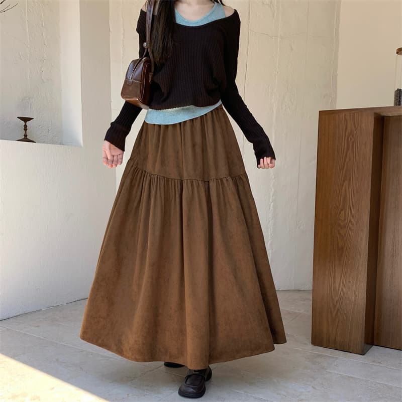 실사 느슨함 바람 펌프 Pleat 사슴 캐시미어 A라인 스커트 롱 코트 있음 주머니 조류 소녀 여행 단색 반신 스커트 상세 이미지 4