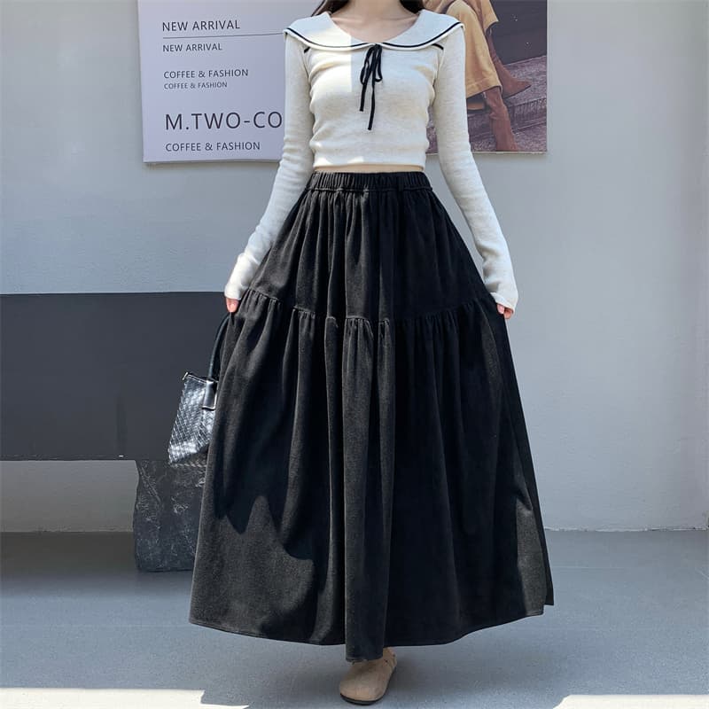 실사 느슨함 바람 펌프 Pleat 사슴 캐시미어 A라인 스커트 롱 코트 있음 주머니 조류 소녀 여행 단색 반신 스커트 상세 이미지 12