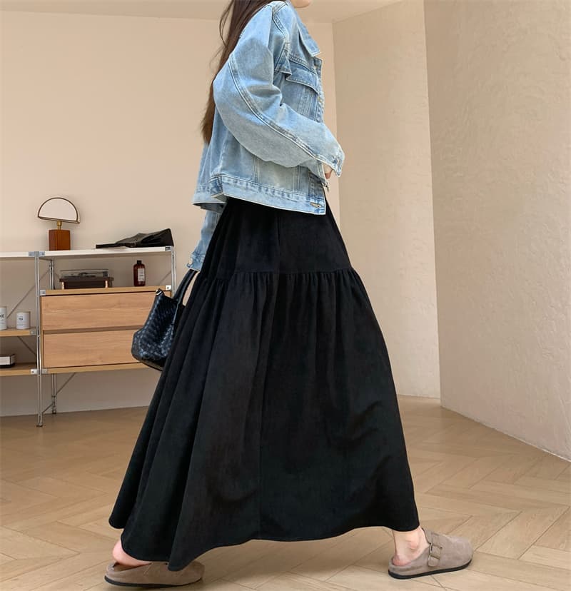 실사 느슨함 바람 펌프 Pleat 사슴 캐시미어 A라인 스커트 롱 코트 있음 주머니 조류 소녀 여행 단색 반신 스커트 상세 이미지 16