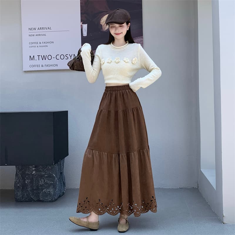 실사 가을 겨울 새로운 조류 소녀 사슴 캐시미어 패치워크 전단 꽃 치마 반신 스커트 롱 코트 다용도 A라인 스커트 상세 이미지 12