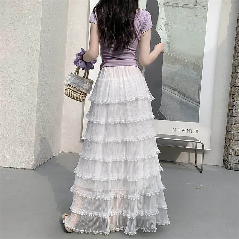 모델 실사 다용도 모리 소녀 레이스 레이스 요정 반신 스커트 다중 레이어 패치워크 케이크 네트워크 거즈 스커트 상세 이미지 10