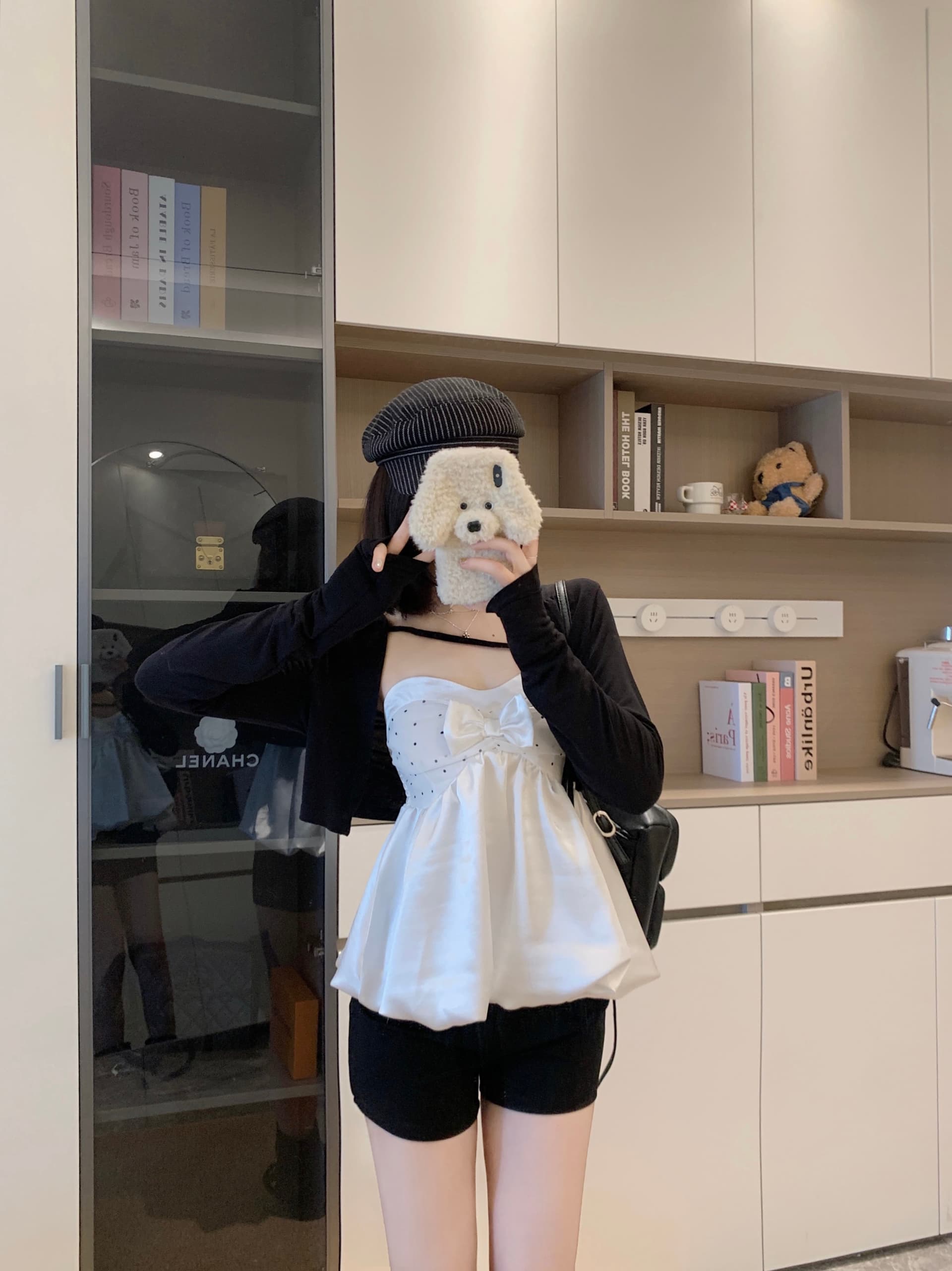 실사 빅 사이즈 순수한 욕망 바람 나비 매듭 새틴 도트 무늬 튜브탑 조끼 이른 가을 긴팔 카디건 코트 투피스 세트 상세 이미지 1