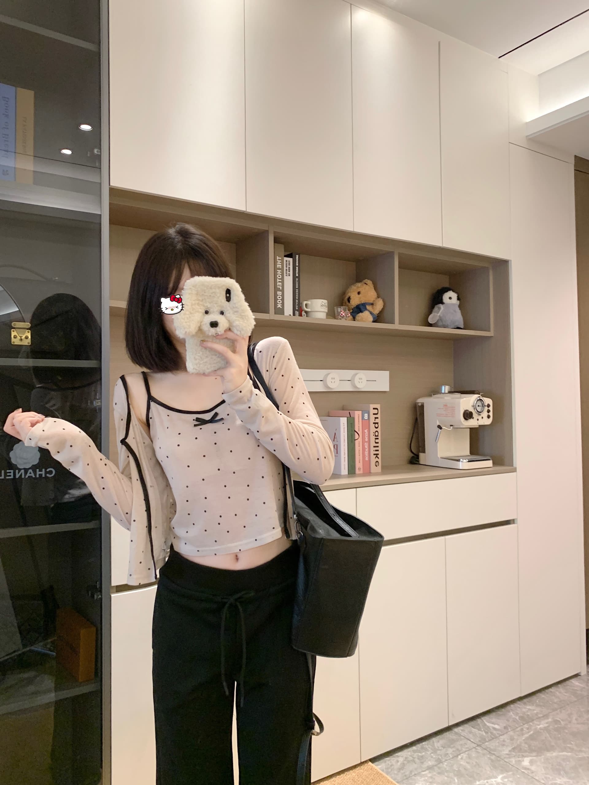 실사 빅 사이즈 밀크 티 색상 프랑스식 작은 도트 무늬 나비 매듭 슬립 오픈 가디건 세트 느긋한 바람 세련된 투피스 세트 이미지 2