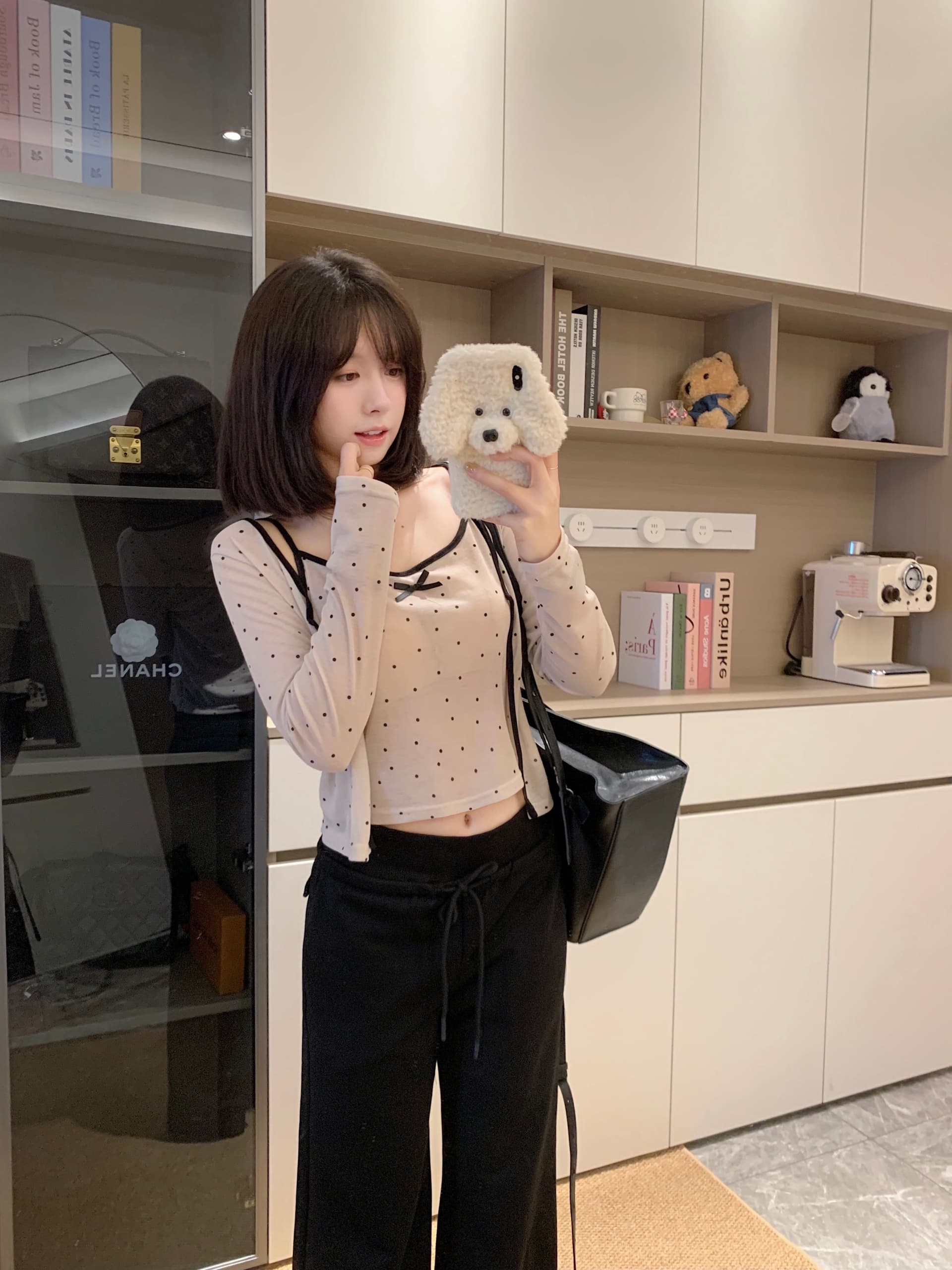 실사 빅 사이즈 밀크 티 색상 프랑스식 작은 도트 무늬 나비 매듭 슬립 오픈 가디건 세트 느긋한 바람 세련된 투피스 세트 이미지 3
