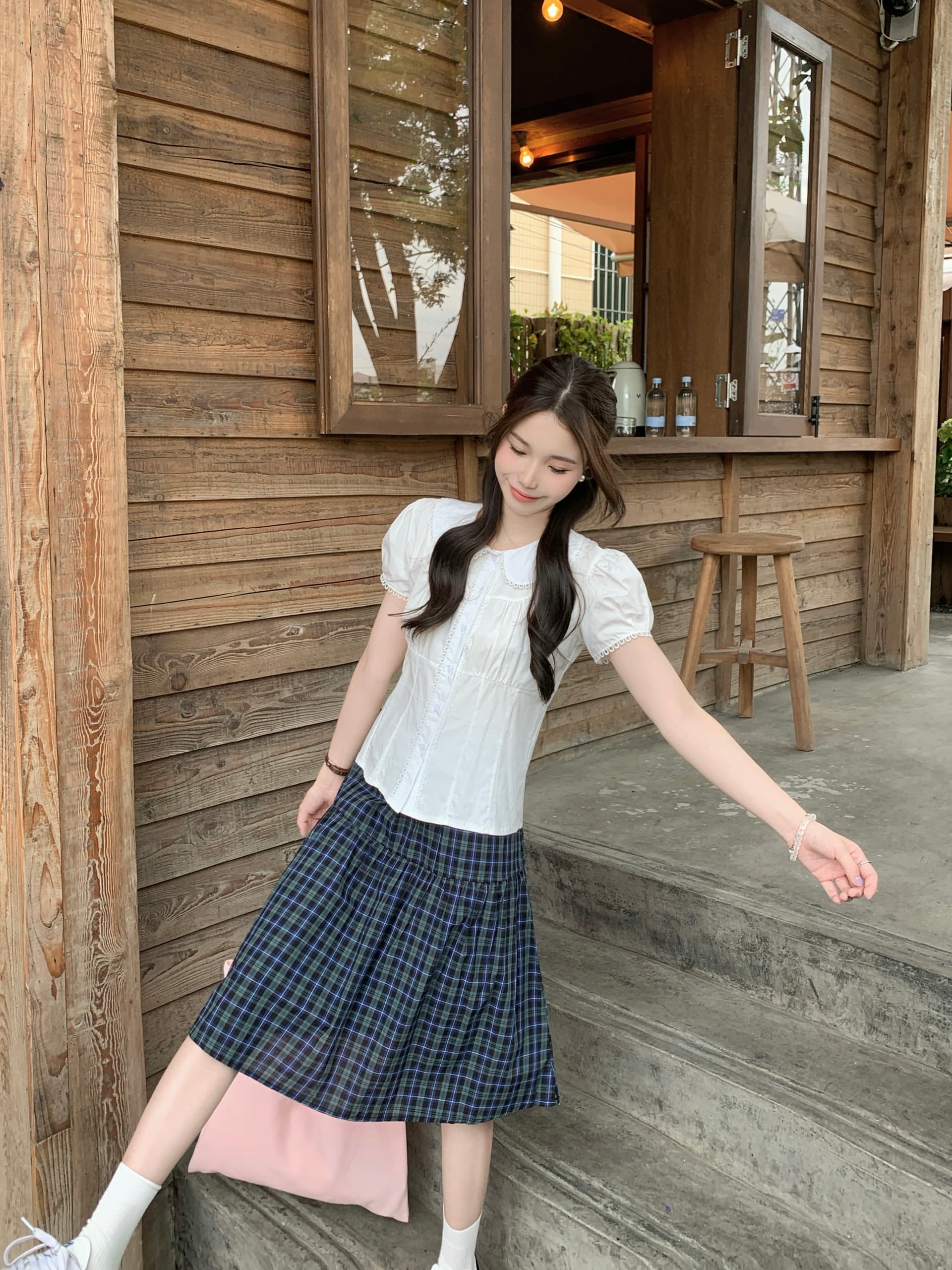 실사 빅 사이즈 지방 mm 여성 의류 프랑스식 화이트 베이비 칼라 셔츠 허리 수축 반팔 맨위 여성 체크무늬 중간 스커트 상세 이미지 7