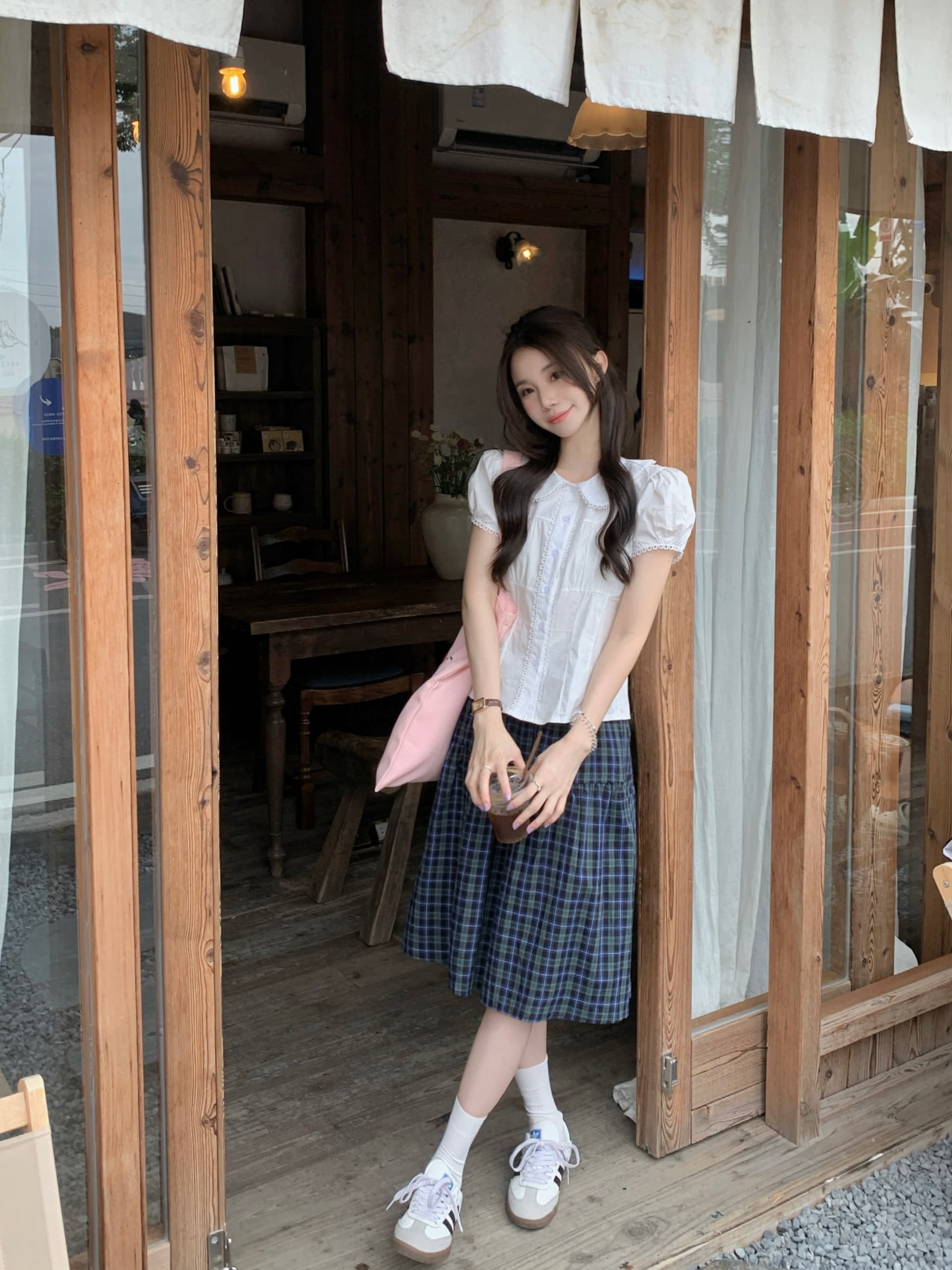 실사 빅 사이즈 지방 mm 여성 의류 프랑스식 화이트 베이비 칼라 셔츠 허리 수축 반팔 맨위 여성 체크무늬 중간 스커트 상세 이미지 19