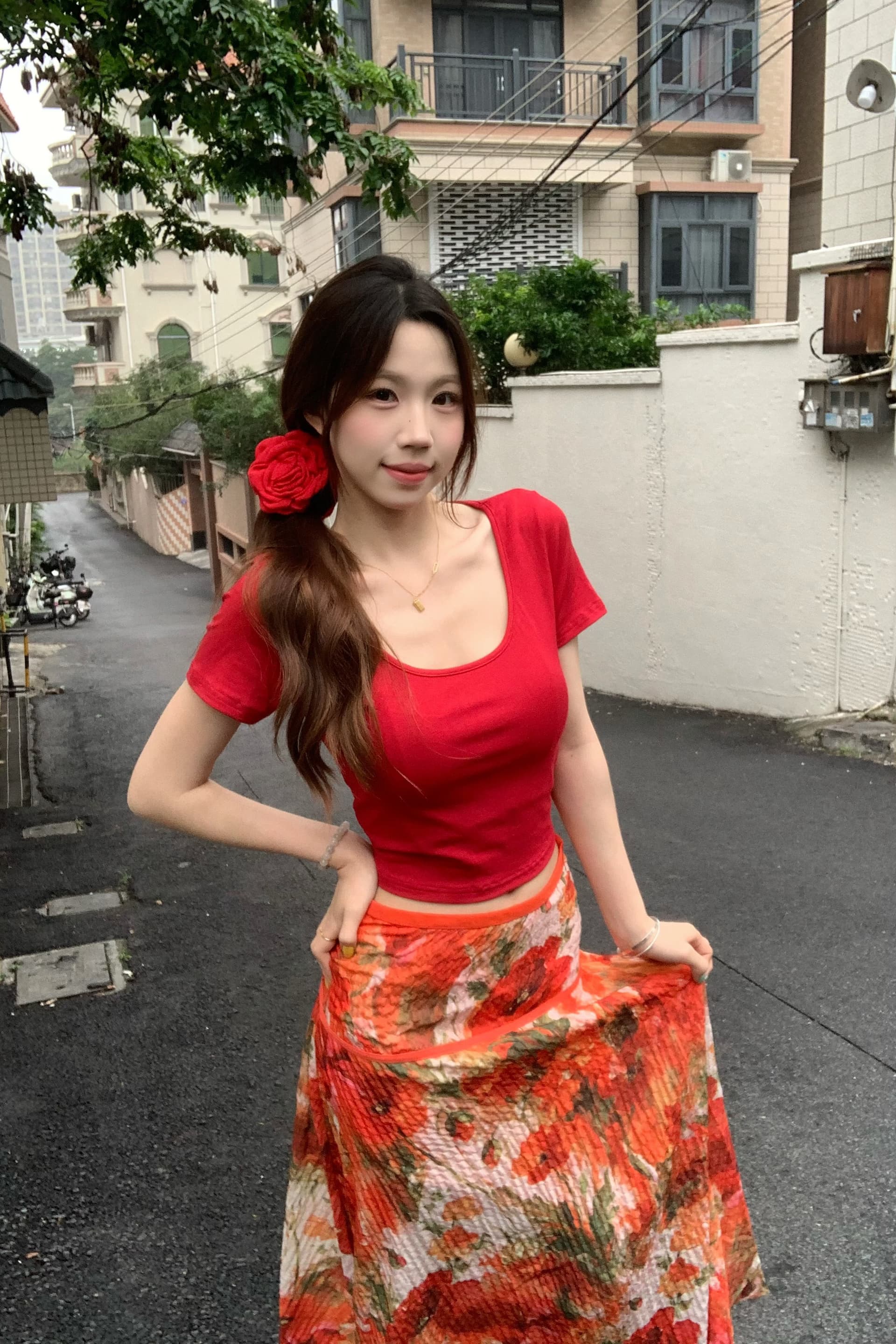 실사 빅 사이즈 지방 mm 프랑스식 레트로 품격 Mingyan 분위기 센스 빨간색 티셔츠 여성 프린트 반신 치마 세트 상세 이미지 7