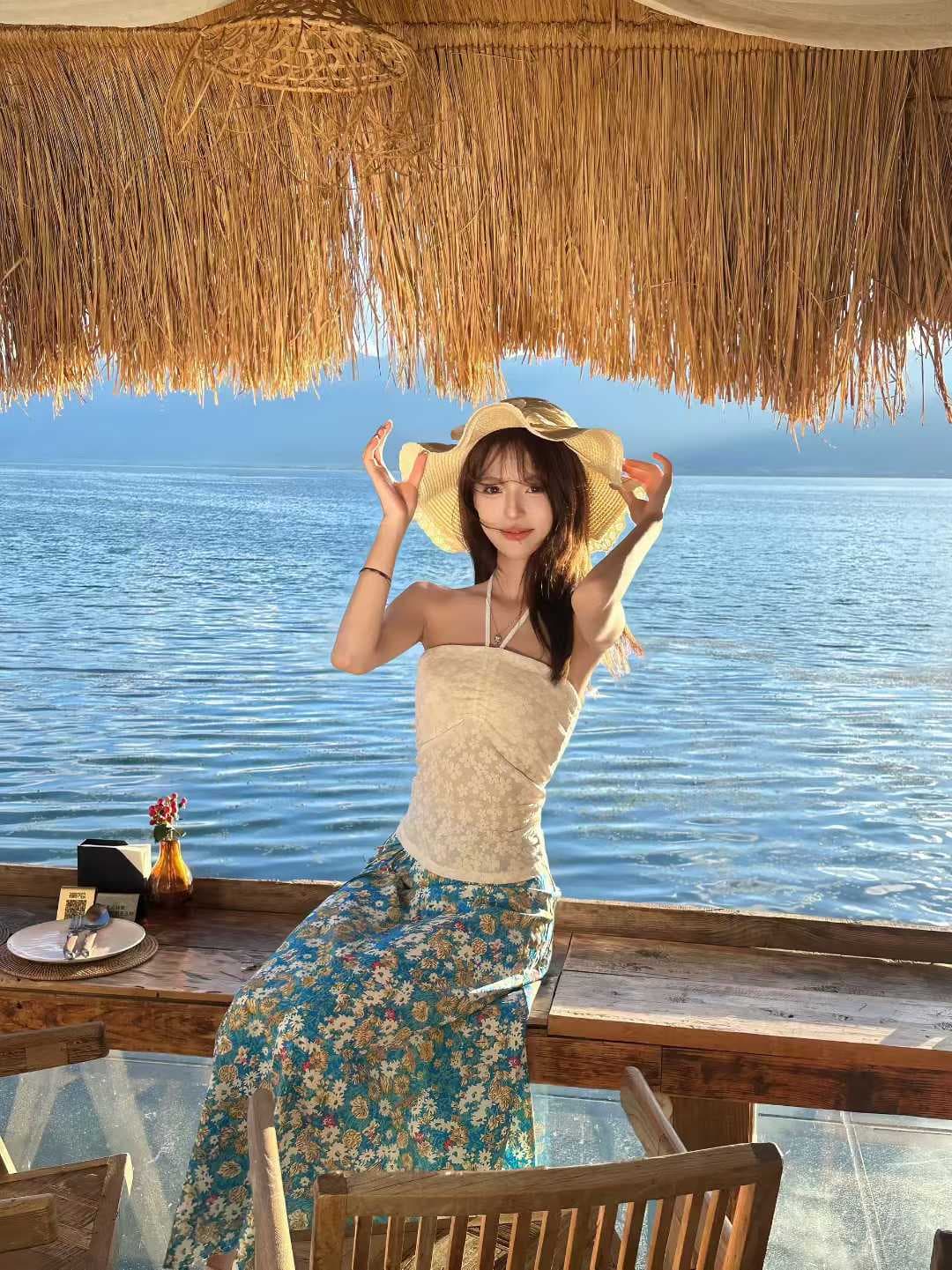 실사 빅 사이즈 여성 의류 디자인 센스 행침 목 튜브탑 맨위 롱 코트 스트랩 꽃무늬 반신 스커트 투피스 세트 상세 이미지 8