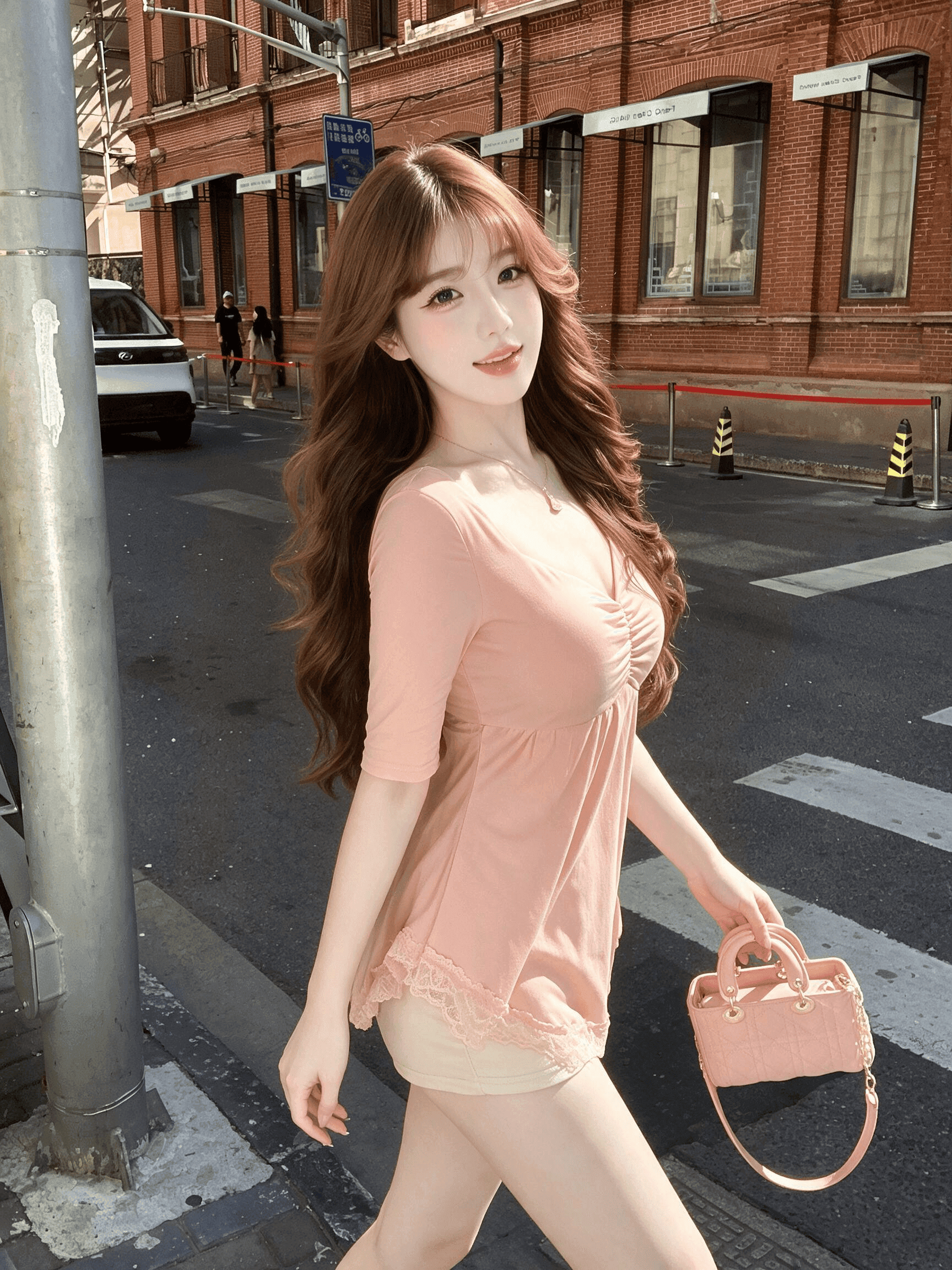 부드러운 바람 부드러운 찹쌀 핑크색 중간 소매 티셔츠 여성 v 칼라 주름 수신 진자 레이스 레이스 다용도 슬림해 보이는 기본 셔츠 상세 이미지 5