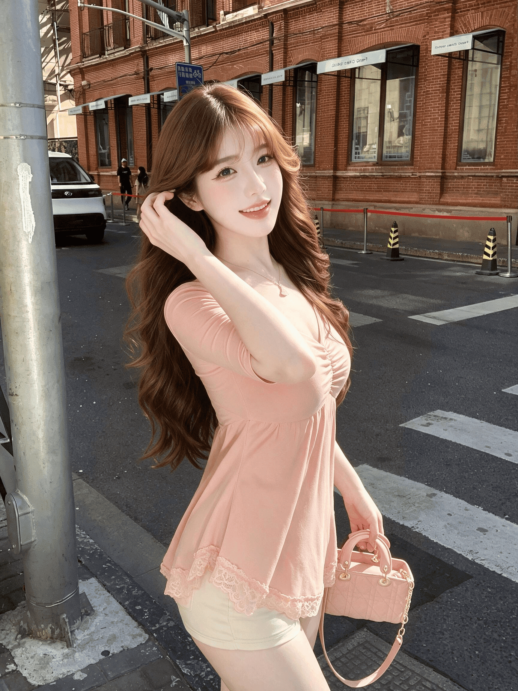부드러운 바람 부드러운 찹쌀 핑크색 중간 소매 티셔츠 여성 v 칼라 주름 수신 진자 레이스 레이스 다용도 슬림해 보이는 기본 셔츠 상세 이미지 6