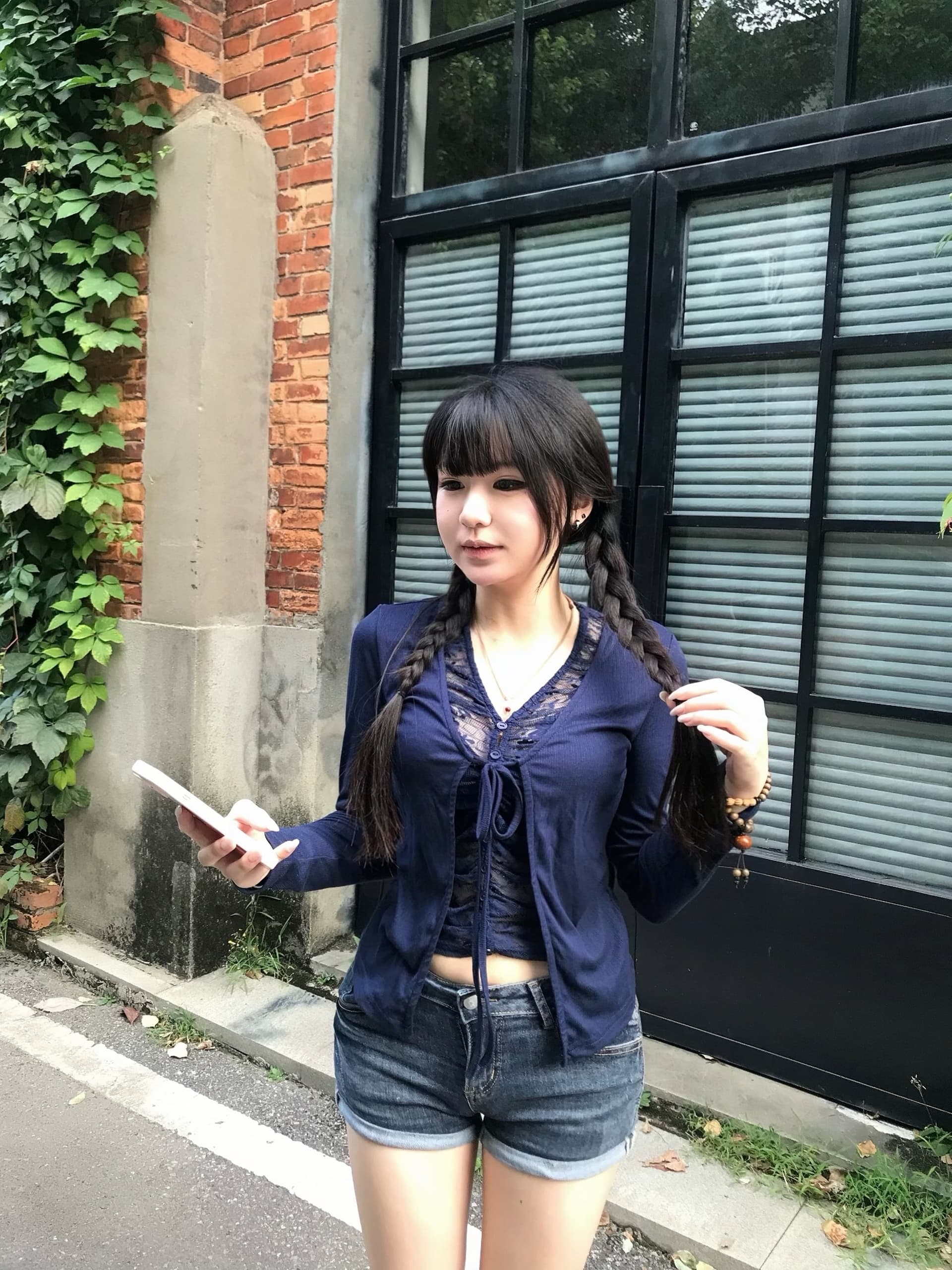 해군 스트랩 레이스 페이크 레이어드 긴팔 오픈 가디건 순수한 욕망 바람 몸매 가꾸기 슬림해 보이는 쇼트 스타일 핫걸 만나는 맨위 상세 이미지 9