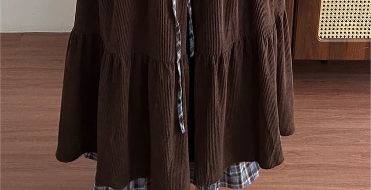 지금 임산부 없음 복부 지지 가을 겨울 새로운 두꺼운 코듀로이 이중층 디자인 센스 패치워크 체크무늬 케이크 반신 롱 스커트 상세 이미지 32