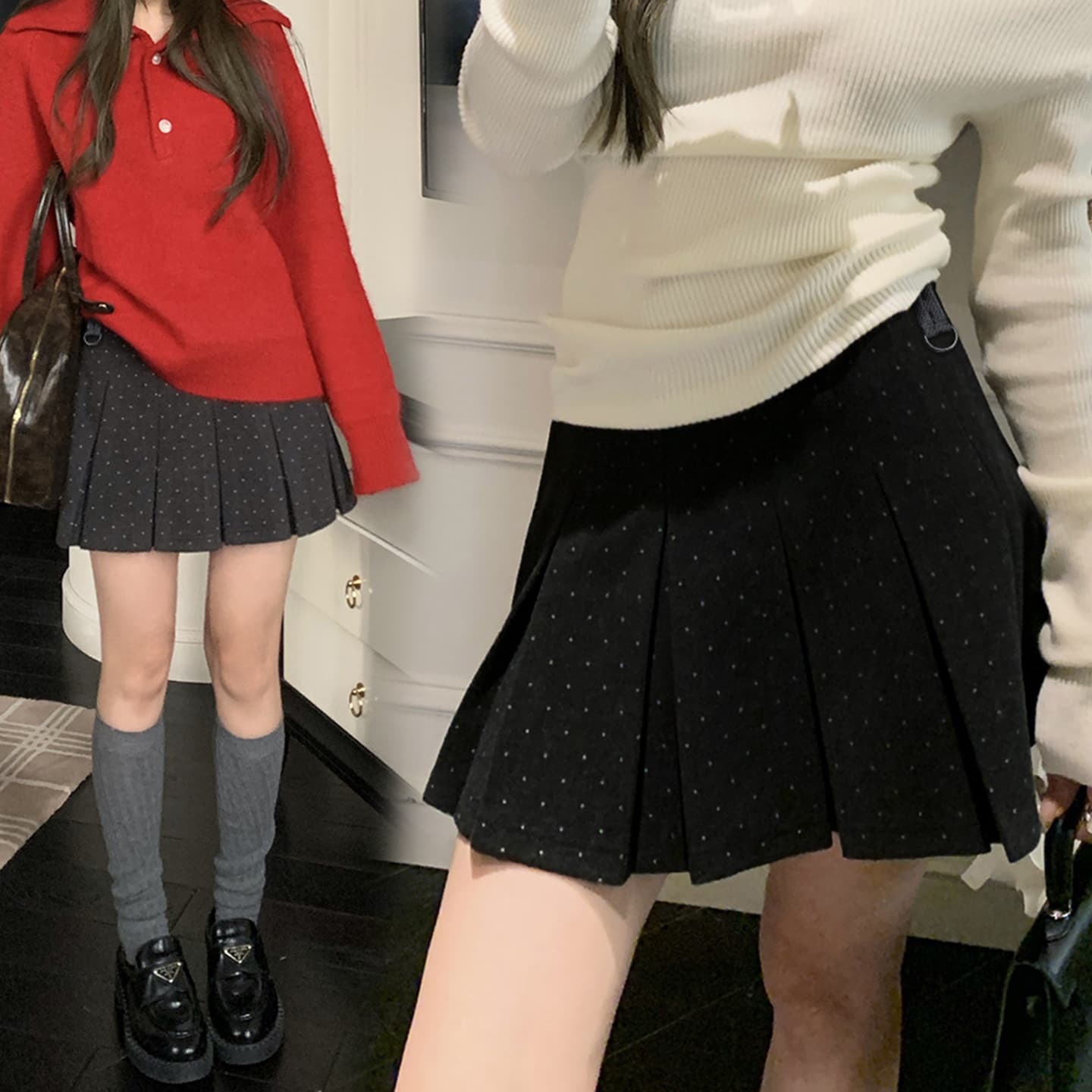 지금 임산부 가을 겨울철 두꺼운 모직 학원 스타일 도트 무늬 플리츠 스커트 한 부서 다용도 없음 복부 지지 반신 스커트 미니 스커트 이미지 3