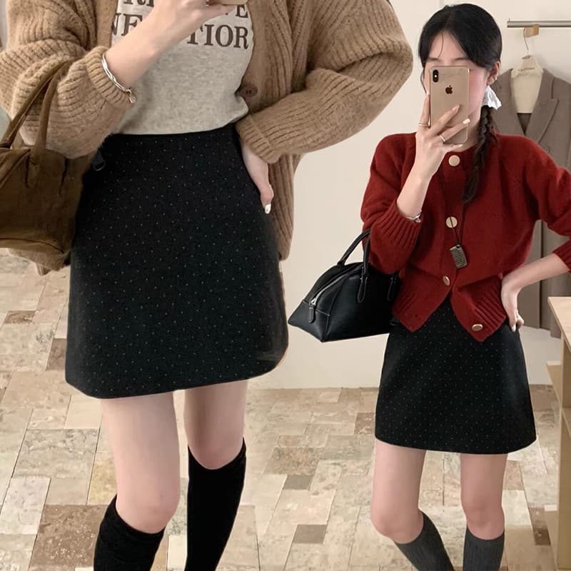 지금 임산부 가을 겨울철 두꺼운 모직 도트 무늬 레트로 연삭 털 반신 스커트 한국 스타일 타이트 스커트 한 마디 없음 복부 지지 미니 스커트 이미지 2