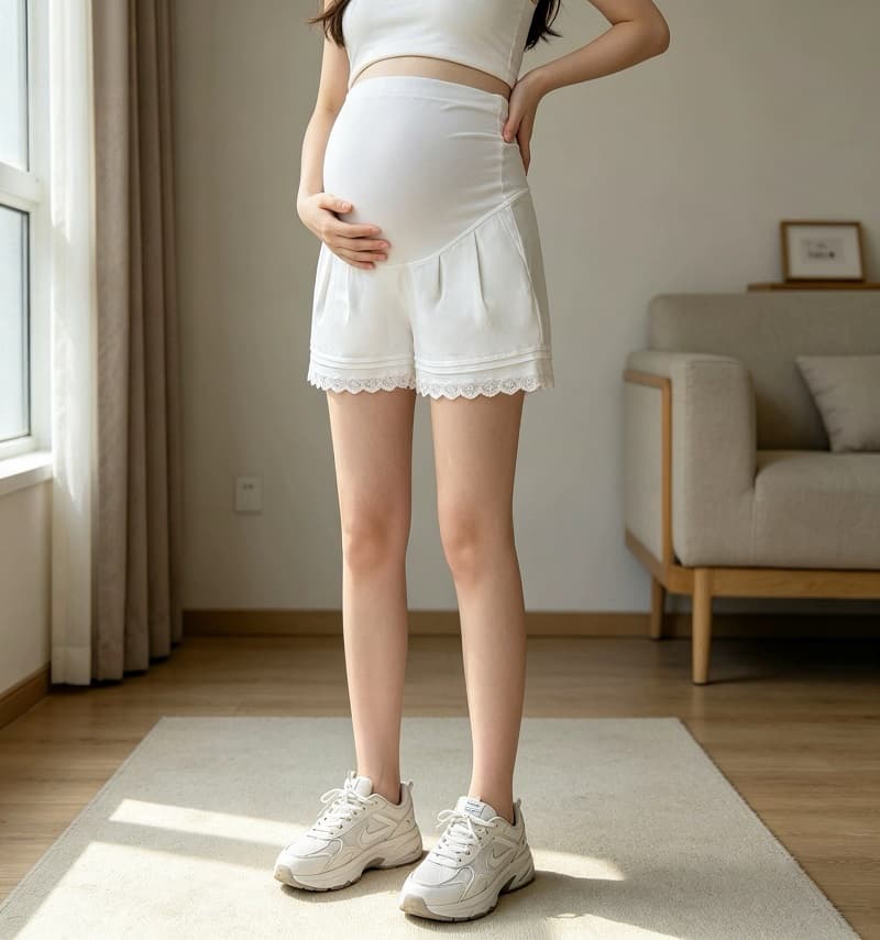 실사 임산부 여름 새로운 주름 작은 대중 화이트 레이스 레이스 다용도 패션 캐주얼 넓은 다리 복부 지지 반바지 상세 이미지 10