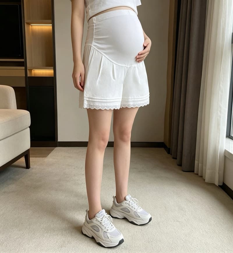 실사 임산부 여름 새로운 주름 작은 대중 화이트 레이스 레이스 다용도 패션 캐주얼 넓은 다리 복부 지지 반바지 상세 이미지 11