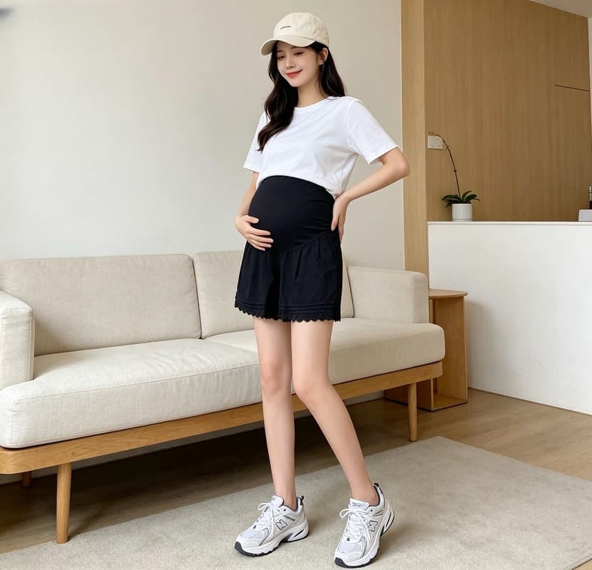 실사 임산부 여름 새로운 주름 작은 대중 화이트 레이스 레이스 다용도 패션 캐주얼 넓은 다리 복부 지지 반바지 상세 이미지 19