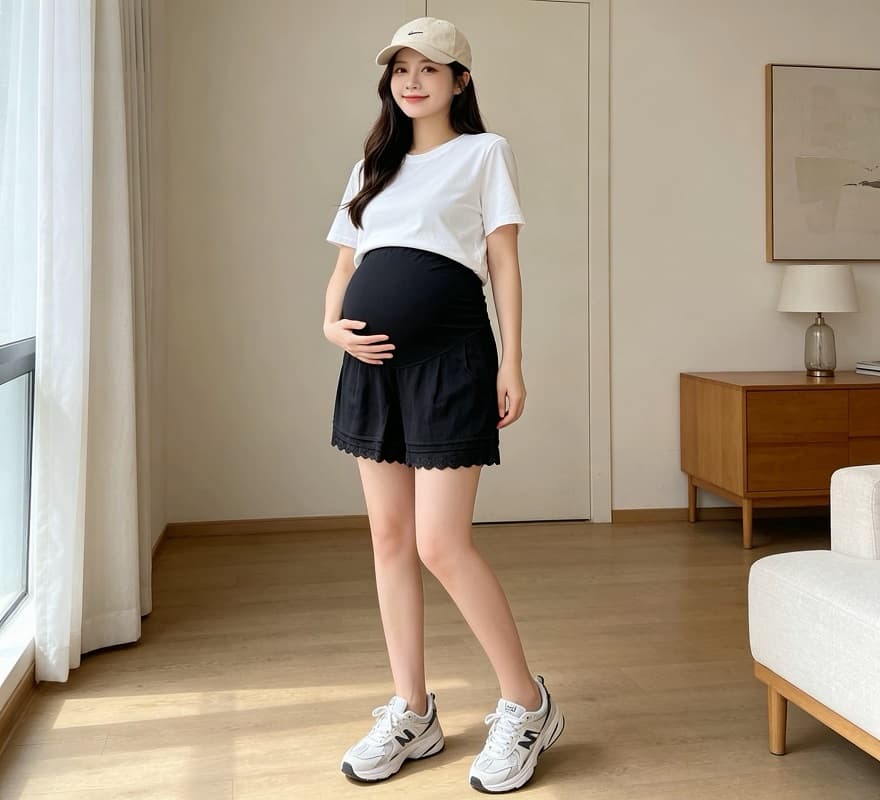 실사 임산부 여름 새로운 주름 작은 대중 화이트 레이스 레이스 다용도 패션 캐주얼 넓은 다리 복부 지지 반바지 상세 이미지 21