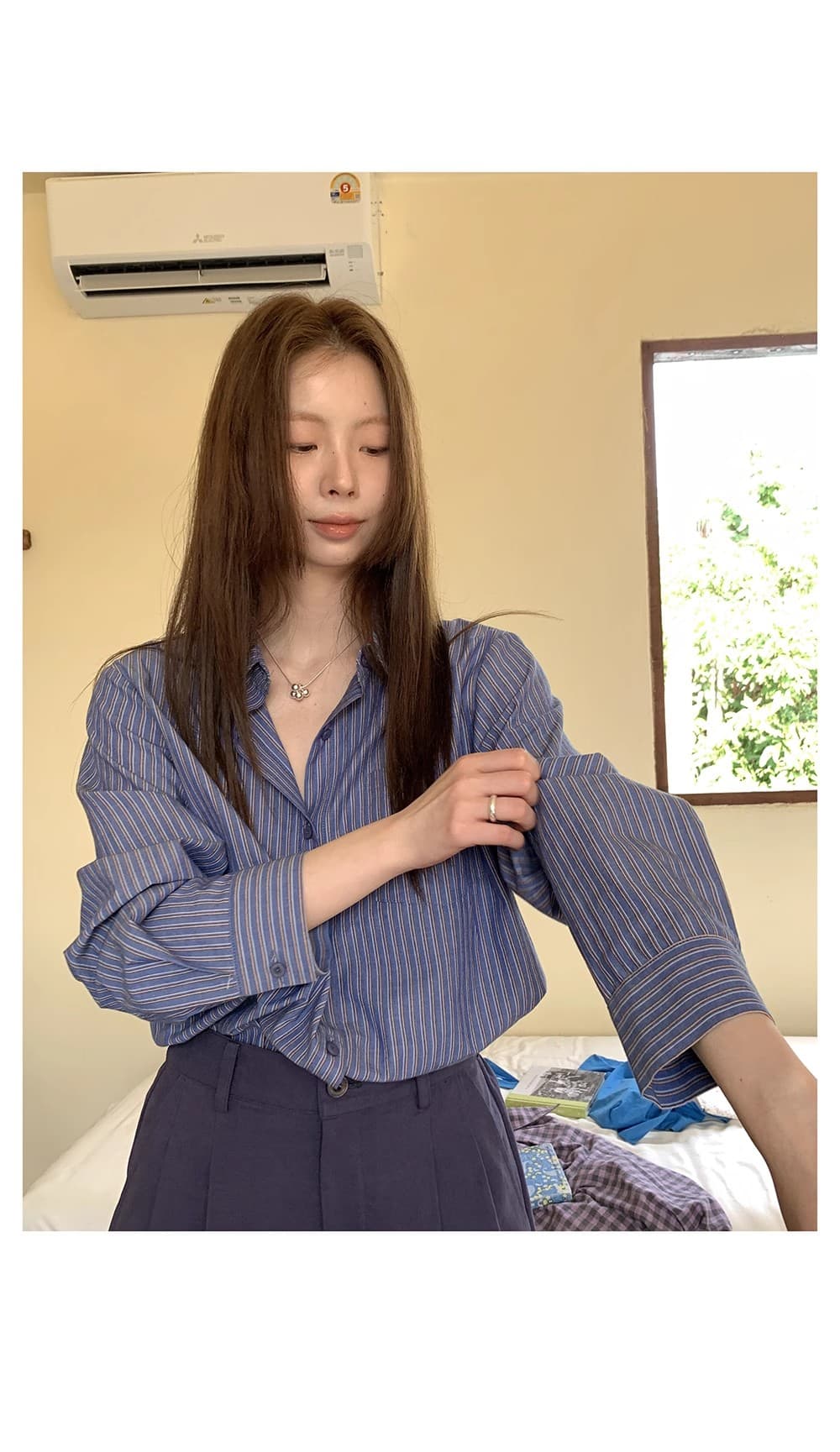 느긋한 센스 레트로 스트라이프 셔츠 2025 디자인 센스 폴로 칼라 셔츠 얇은 스타일 긴팔 맨위 상세 이미지 9