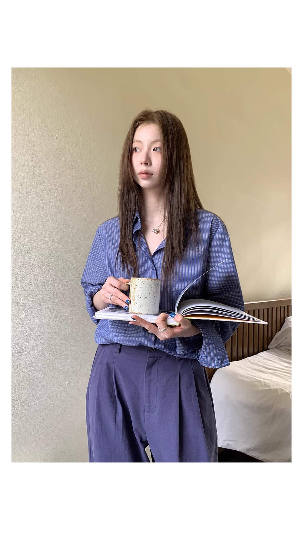 느긋한 센스 레트로 스트라이프 셔츠 2025 디자인 센스 폴로 칼라 셔츠 얇은 스타일 긴팔 맨위 상세 이미지 11