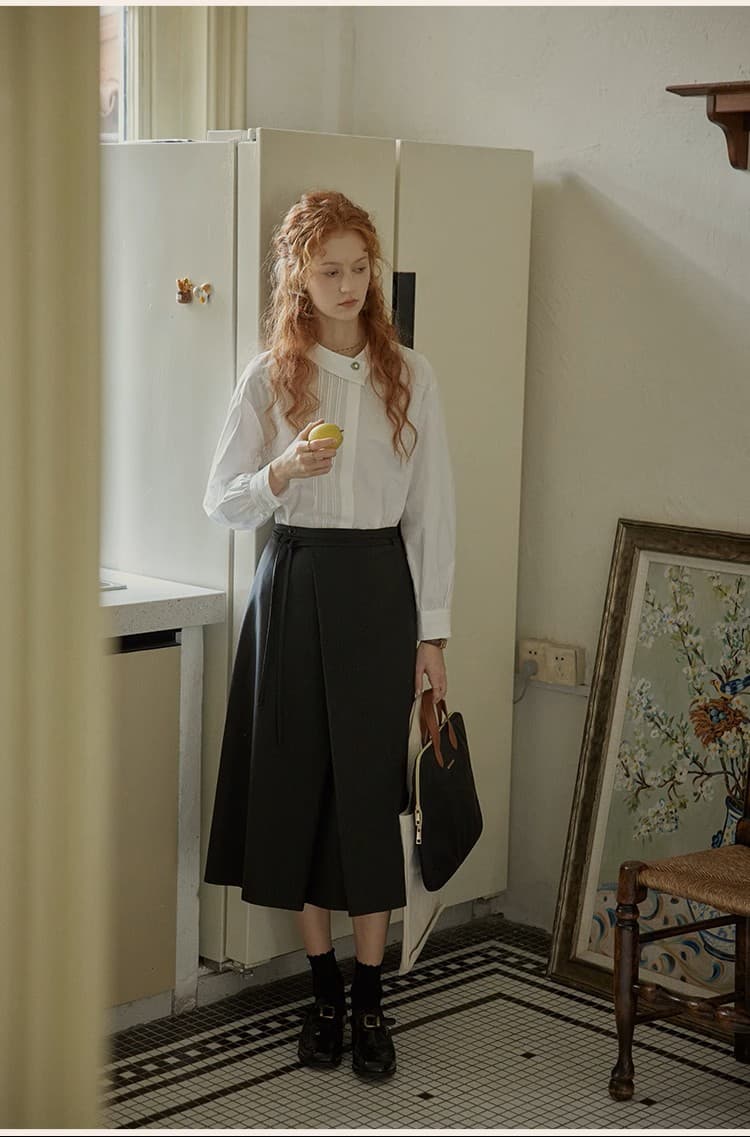 Chic 작은 폴로 칼라 품격 프랑스식 레트로 출퇴근 긴팔 화이트 여성 셔츠 상세 이미지 10