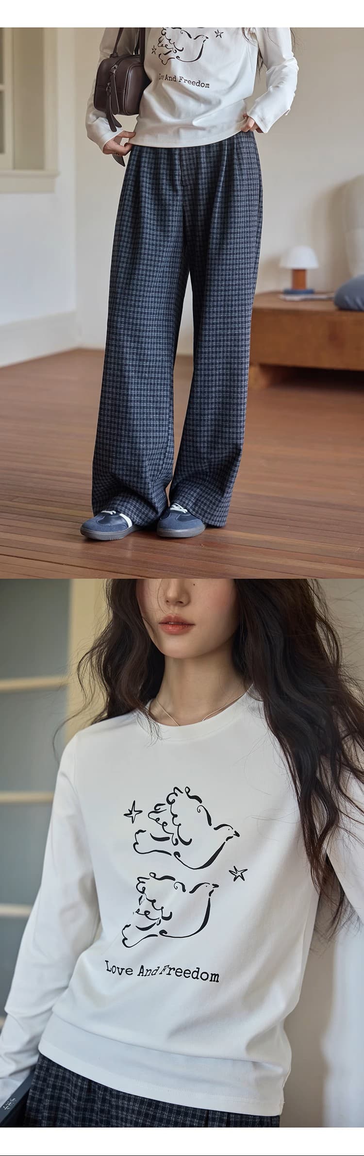 느긋한 깊은 로얄 블루 영국식 바람 좋은 그리드 밴딩 캐주얼 바지 여성 가을 넓은 다리 슬림해 보이는 하이웨이스트 스트레이트 긴 바지 상세 이미지 5