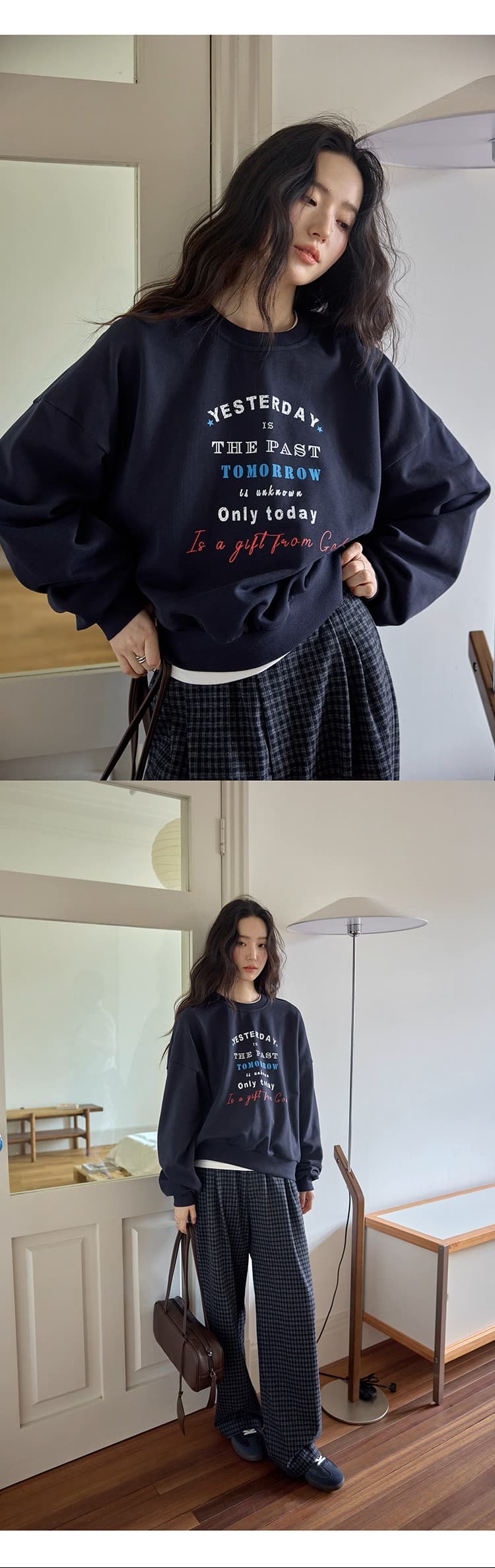 느긋한 깊은 로얄 블루 영국식 바람 좋은 그리드 밴딩 캐주얼 바지 여성 가을 넓은 다리 슬림해 보이는 하이웨이스트 스트레이트 긴 바지 상세 이미지 8