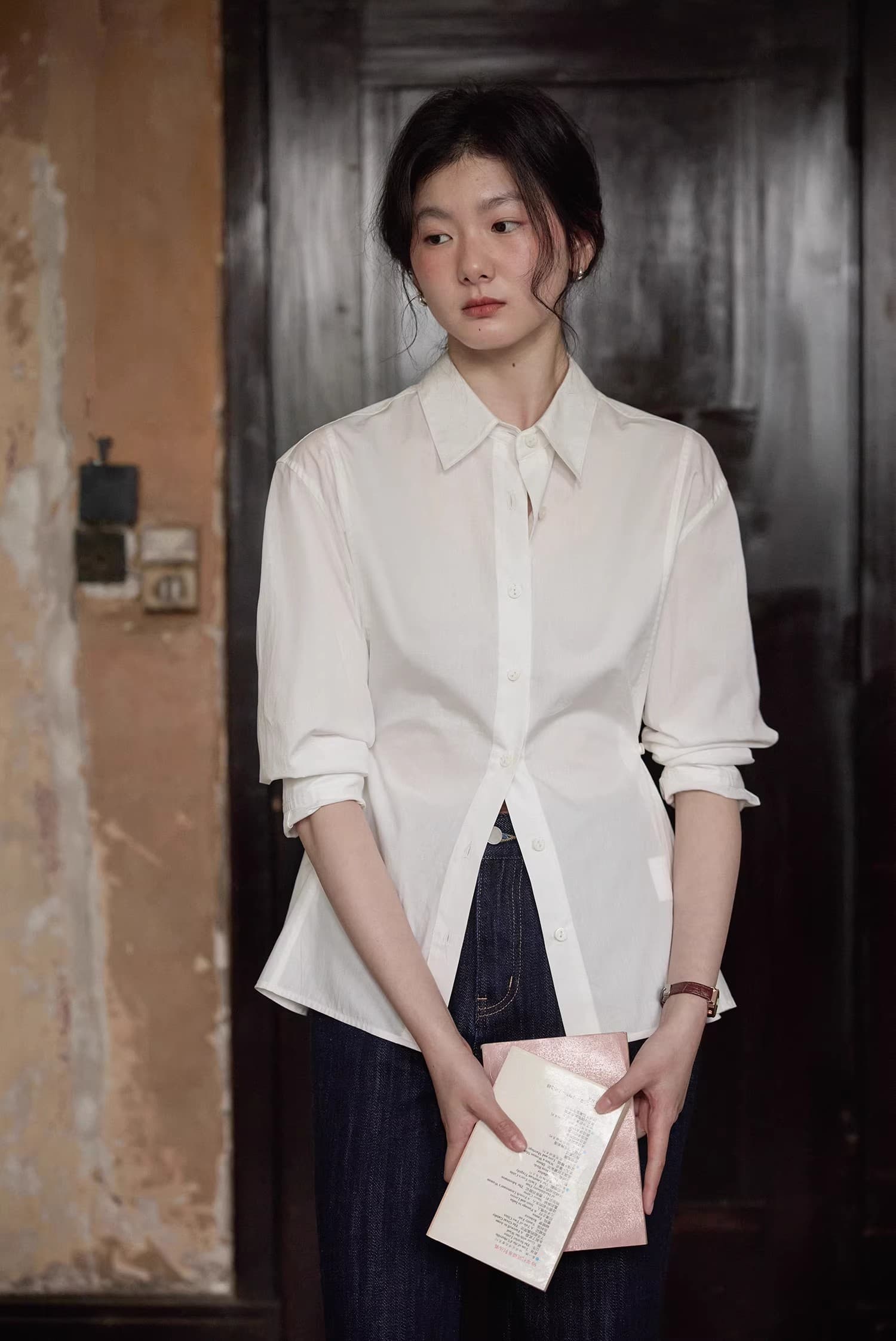 60 지점 유기농 면 허리 수축 둘 착용 세 열기 몸 3 차원 자르기 office siren 바람 셔츠 맨위 여성 이미지 2