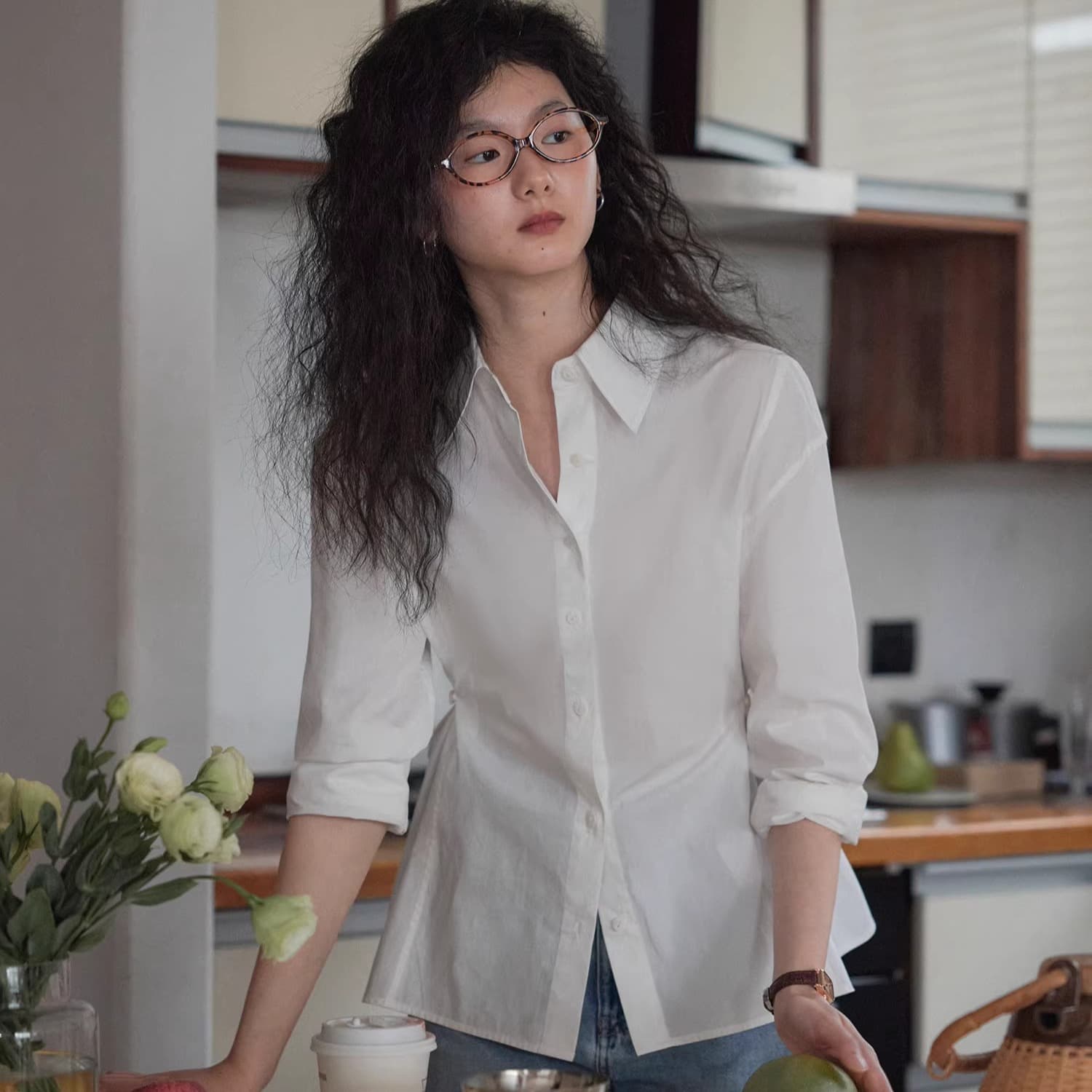 60 지점 유기농 면 허리 수축 둘 착용 세 열기 몸 3 차원 자르기 office siren 바람 셔츠 맨위 여성 이미지 5