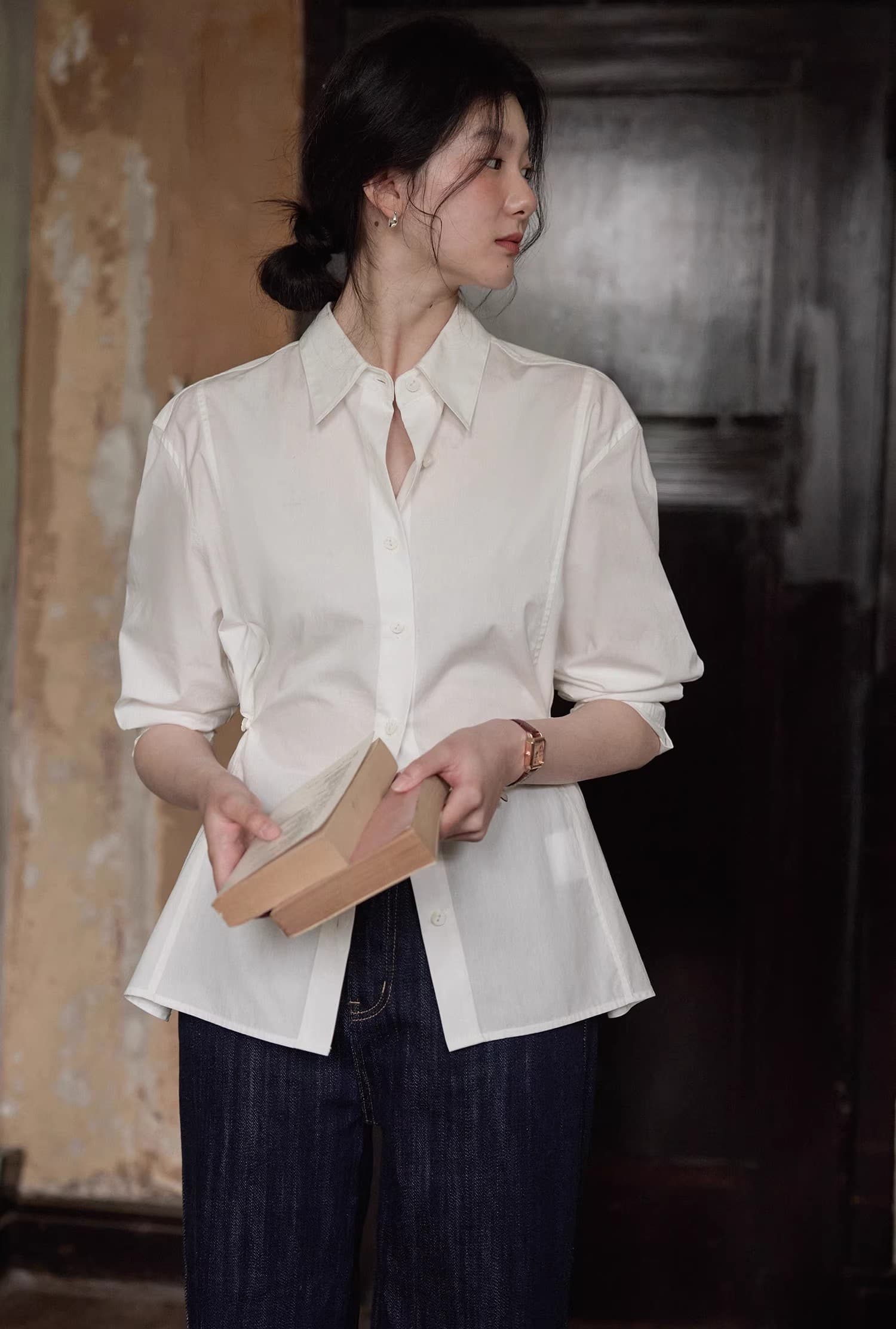 60 지점 유기농 면 허리 수축 둘 착용 세 열기 몸 3 차원 자르기 office siren 바람 셔츠 맨위 여성 상세 이미지 6