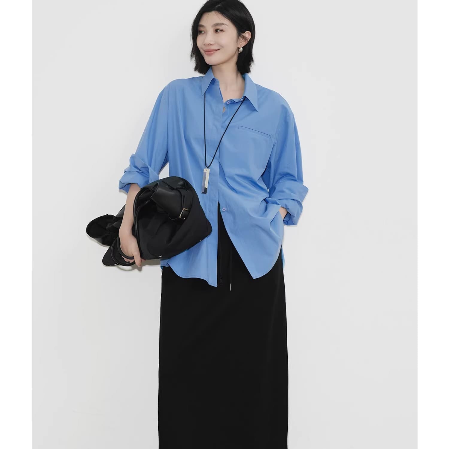봄 bi 준비하다 싱글 제품 폴로 칼라 수 있습니다. 비스듬한 버클 캐주얼 긴팔 파란색 셔츠 여성 의류 맨위 이미지 5