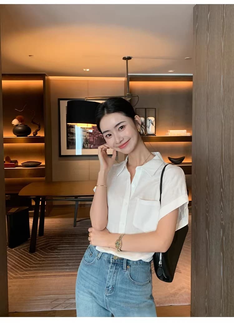 코치 비와 이슬 마 원본 마 색상 반팔 여성 셔츠 여름 루즈핏 폴로 칼라 출퇴근 아마 셔츠 상세 이미지 10