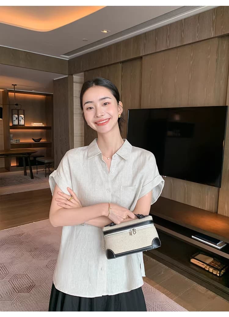 코치 비와 이슬 마 원본 마 색상 반팔 여성 셔츠 여름 루즈핏 폴로 칼라 출퇴근 아마 셔츠 상세 이미지 16