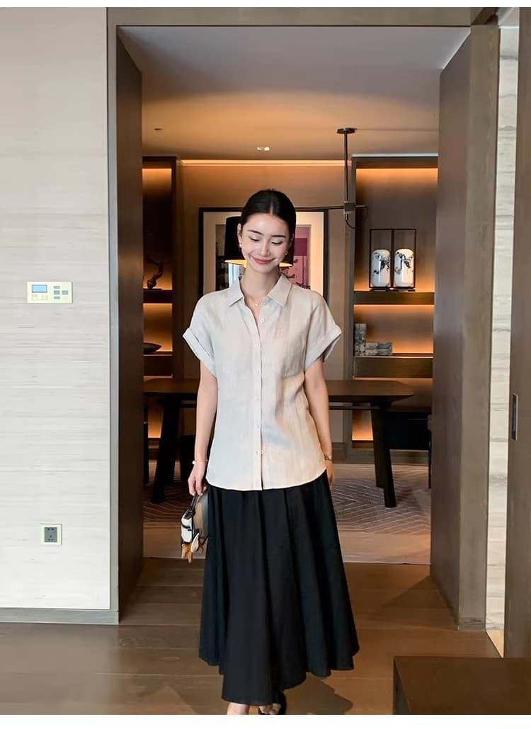 코치 비와 이슬 마 원본 마 색상 반팔 여성 셔츠 여름 루즈핏 폴로 칼라 출퇴근 아마 셔츠 상세 이미지 23