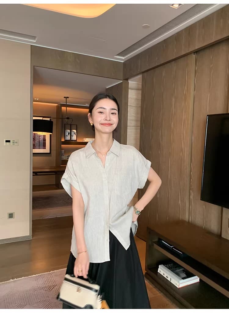 코치 비와 이슬 마 원본 마 색상 반팔 여성 셔츠 여름 루즈핏 폴로 칼라 출퇴근 아마 셔츠 상세 이미지 24