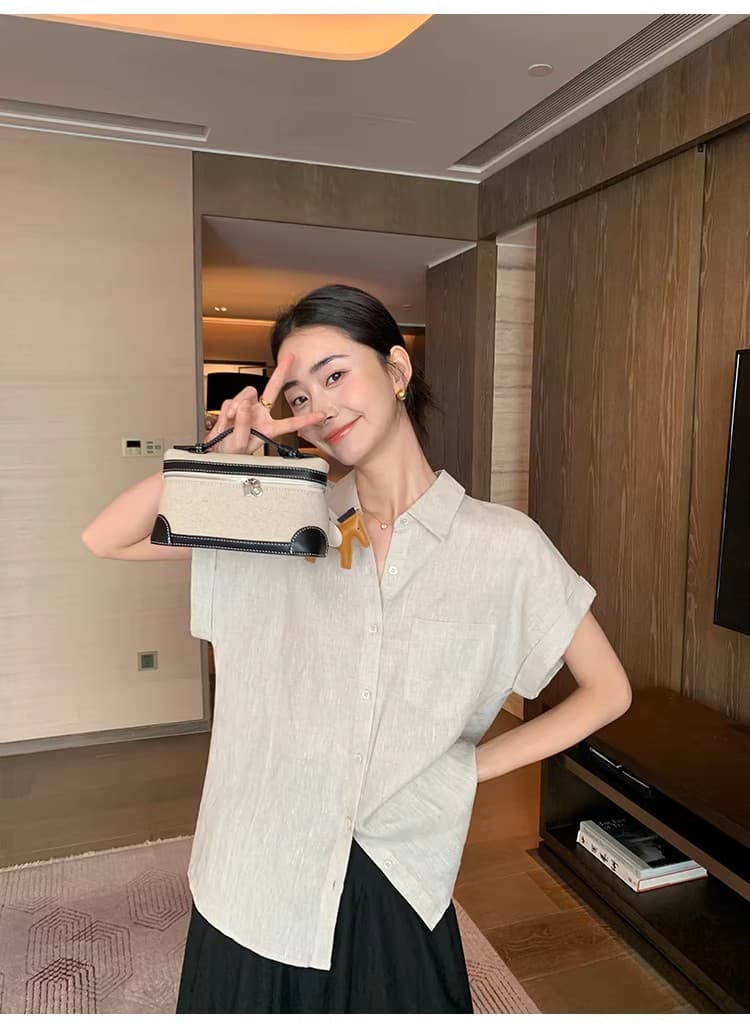 코치 비와 이슬 마 원본 마 색상 반팔 여성 셔츠 여름 루즈핏 폴로 칼라 출퇴근 아마 셔츠 상세 이미지 27