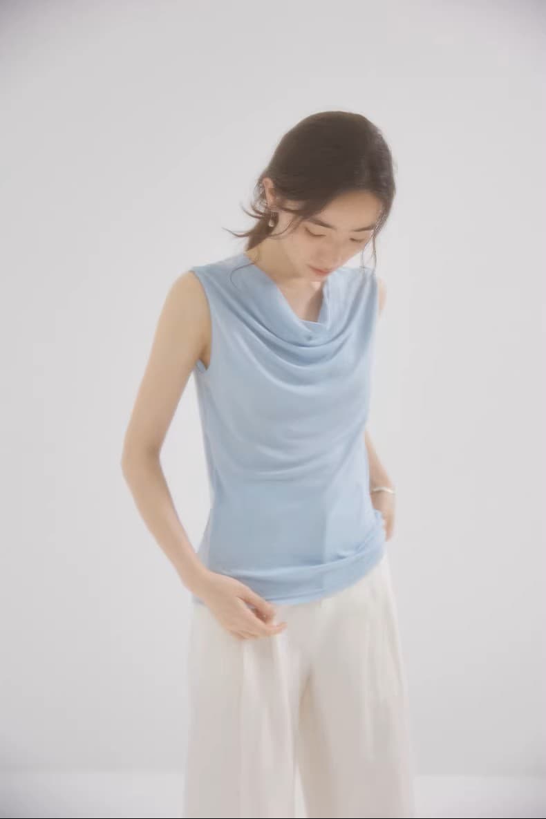 천천히 조정 인생 여름 기초 부드럽다 프로 피부 민소매 흔들다 칼라 말뚝 더미 칼라 조끼 작은 셔츠 여성 상세 이미지 3
