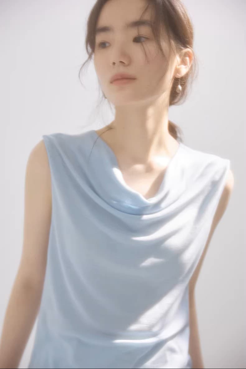 천천히 조정 인생 여름 기초 부드럽다 프로 피부 민소매 흔들다 칼라 말뚝 더미 칼라 조끼 작은 셔츠 여성 상세 이미지 4