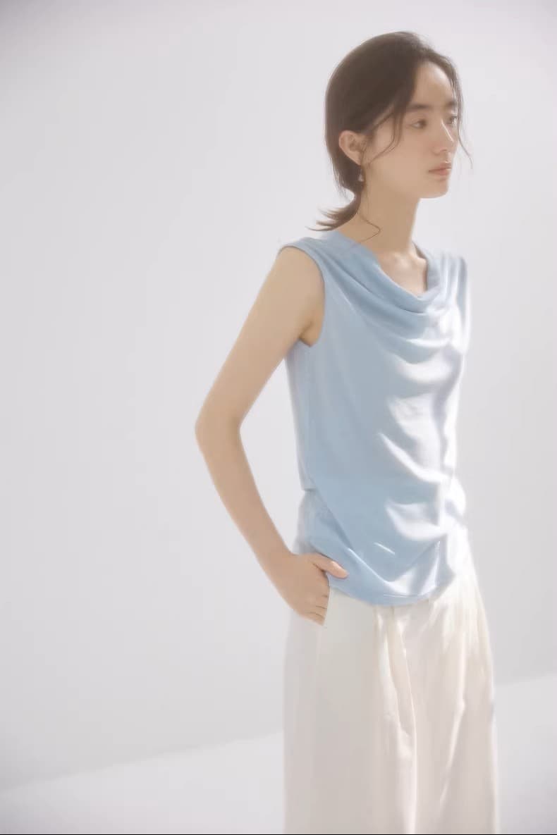 천천히 조정 인생 여름 기초 부드럽다 프로 피부 민소매 흔들다 칼라 말뚝 더미 칼라 조끼 작은 셔츠 여성 상세 이미지 5