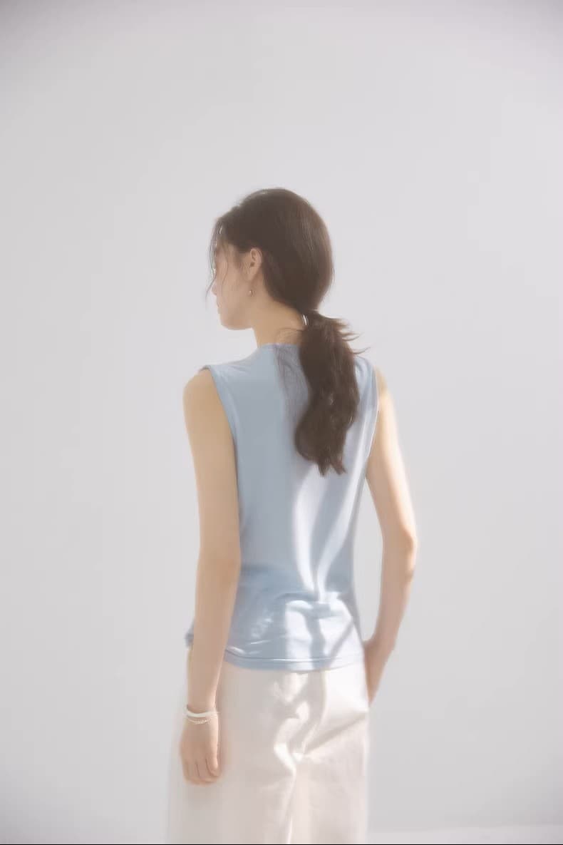 천천히 조정 인생 여름 기초 부드럽다 프로 피부 민소매 흔들다 칼라 말뚝 더미 칼라 조끼 작은 셔츠 여성 상세 이미지 6