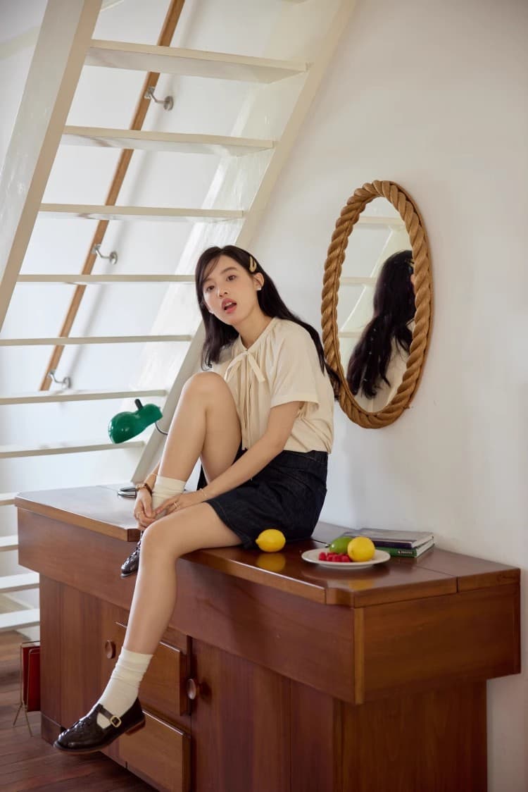 황색 여성 셔츠 여름 새로운 프랑스식 라운드 넥 나비 매듭 삽입 어깨 소매 셔츠 맨위 상세 이미지 6
